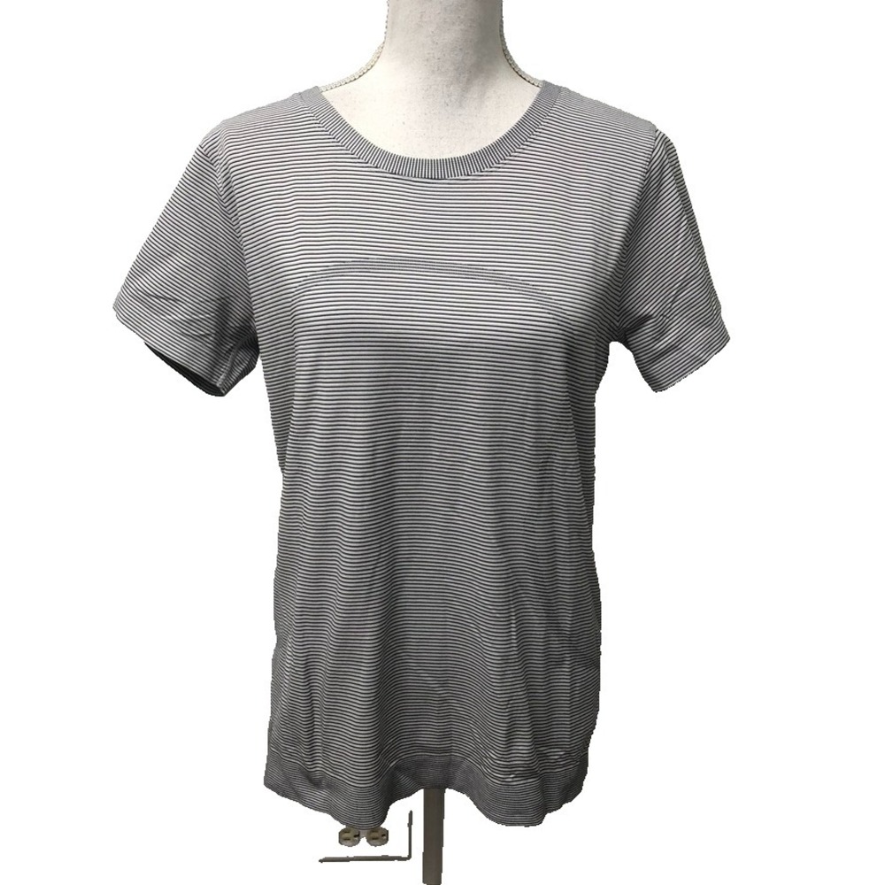 Lululemon Swiftly Tech Shirt Womens 12‎ 14 Black Stripe Short Sleeve Gym Workout
